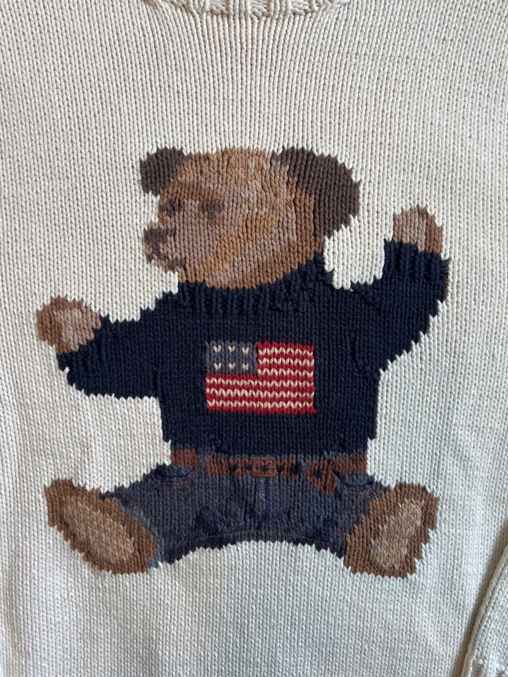 Vintage 90s Polo Ralph Lauren Hand Knit Sit Down Polo Bear USA Flag Sweater Rare
